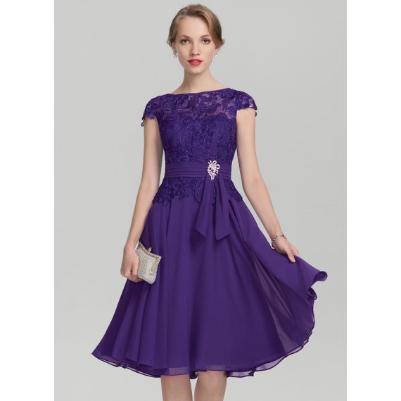 A-line Scoop Knee-length Chiffon Lace Mother of the Bride Dress With Beading