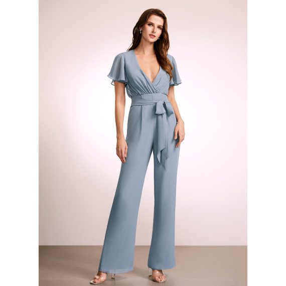 Jumpsuit/Pantsuit V-neck Floor-Length Chiffon Bridesmaid Dress With Ruffle
