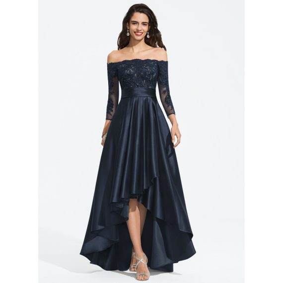 A-Line Off-the-Shoulder Asymmetrical Satin Lace Prom Dresses With Sequins Cascading Ruffles