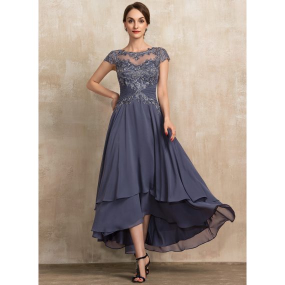A-Line Scoop Illusion Asymmetrical Chiffon Lace Cocktail Dress With Beading