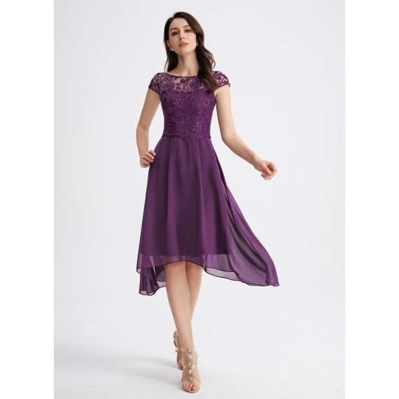 A-Line Scoop Asymmetrical Chiffon Lace Cocktail Dress With Beading Sequins
