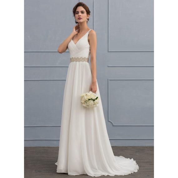 A-Line V-neck Sweep Train Chiffon Wedding Dress With Ruffle Beading Sequins