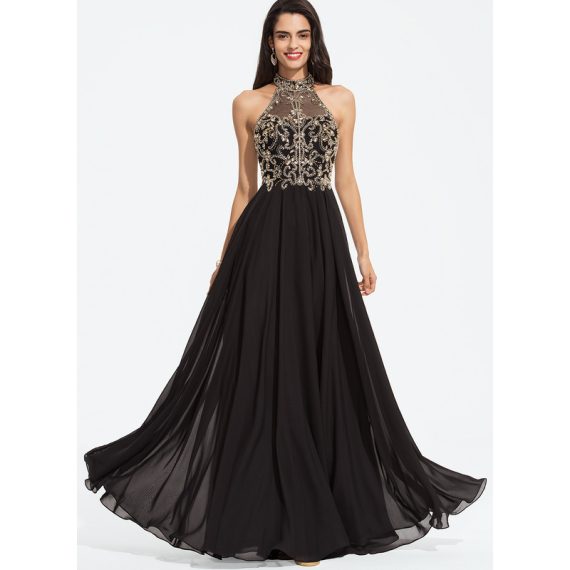 A-line High Neck Floor-Length Chiffon Prom Dresses With Beading Sequins