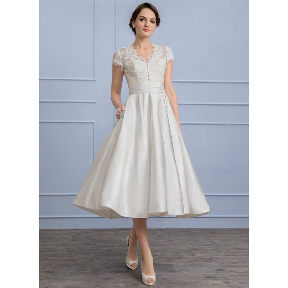 A-Line V-neck Tea-Length Satin Lace Wedding Dress With Ruffle