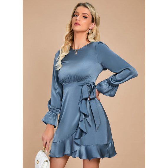 Round Neck Long Sleeves Elegant A-line Satin Mini Dresses