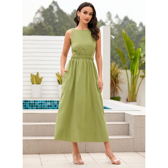 Round Neck Sleeveless Sexy A-line Cotton Midi Dresses