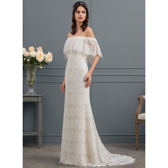 Trumpet/Mermaid Off the Shoulder Sweep Train Lace Wedding Dress With Bow