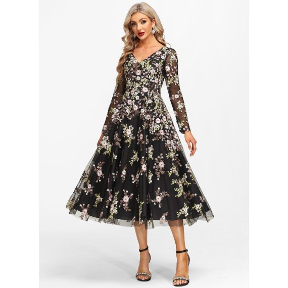 A-Line V-neck Tea-Length Lace Evening Dress