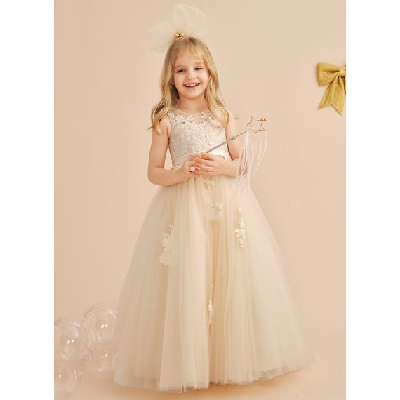 Ball-Gown/Princess Scoop Floor-Length Lace/Tulle Flower Girl Dress