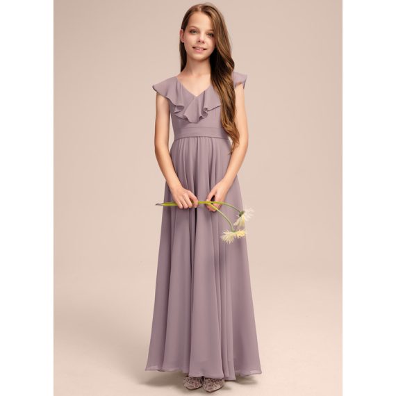 A-Line V-neck Floor-Length Chiffon Junior Bridesmaid Dress With Cascading Ruffles