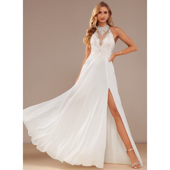 A-Line High Neck Floor-Length Chiffon Lace Wedding Dress With Beading Sequins