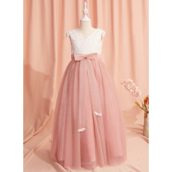 Ball-Gown/Princess V-Neck Floor-Length Tulle Flower Girl Dress