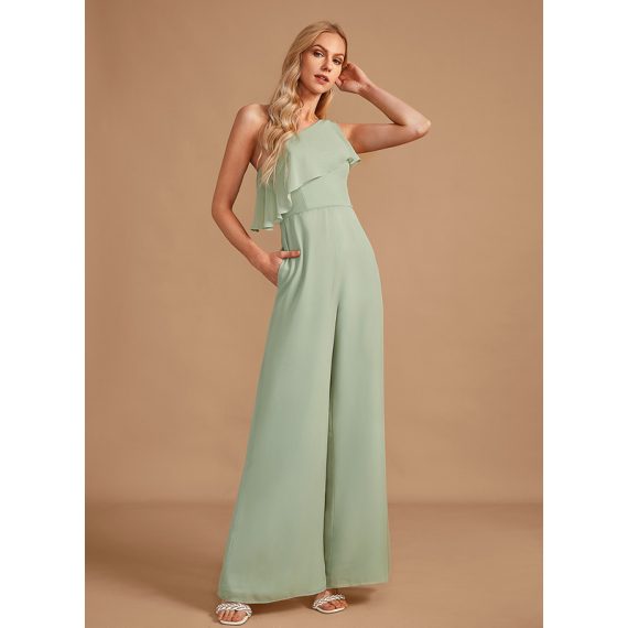 Jumpsuit/Pantsuit One-Shoulder Floor-Length Chiffon Bridesmaid Dress With Ruffle