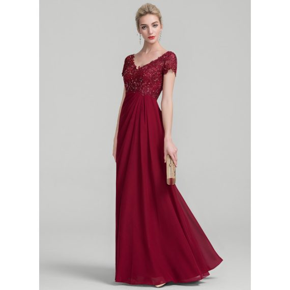 A-Line V-neck Floor-Length Chiffon Lace Mother of the Bride Dress With Pleated Rhinestone