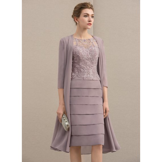 Sheath/Column Scoop Illusion Knee-Length Chiffon Lace Mother of the Bride Dress With Beading Sequins