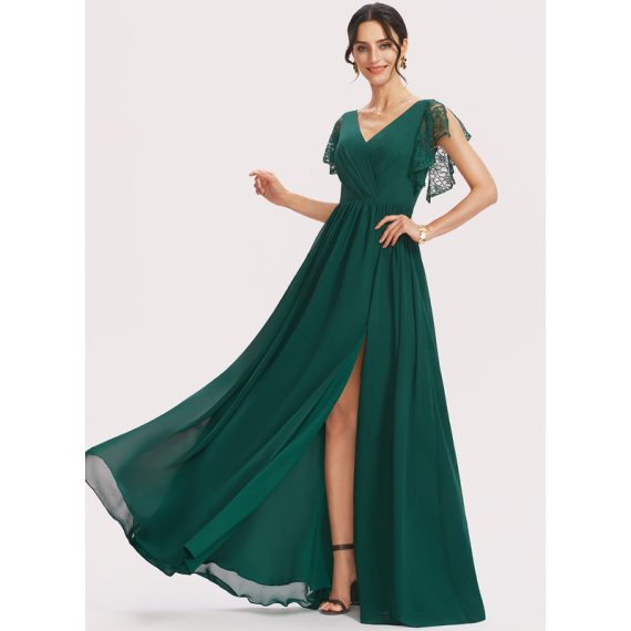 A-Line V-neck Floor-Length Chiffon Bridesmaid Dress With Lace Split Front