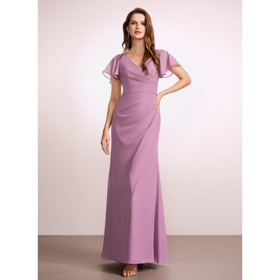 Sheath/Column V-neck Floor-Length Chiffon Bridesmaid Dress With Ruffle