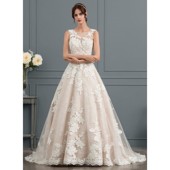 Ball-Gown/Princess Illusion Court Train Tulle Lace Wedding Dress With Beading Sequins