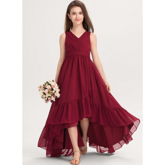 A-Line V-neck Asymmetrical Chiffon Junior Bridesmaid Dress With Pleated
