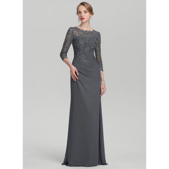 Sheath/Column Scoop Illusion Floor-Length Chiffon Lace Mother of the Bride Dress With Pleated