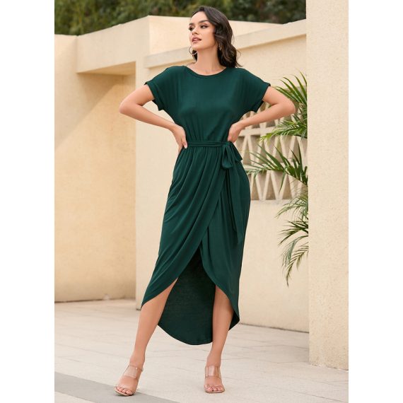 Round Neck Short Sleeves Casual Sheath Cotton Asymmetrical Dresses