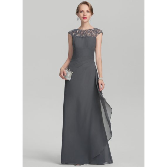 A-Line Scoop Floor-Length Chiffon Mother of the Bride Dress With Beading Sequins Cascading Ruffles