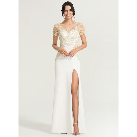 Sheath/Column Scoop Floor-Length Lace Stretch Crepe Wedding Dress
