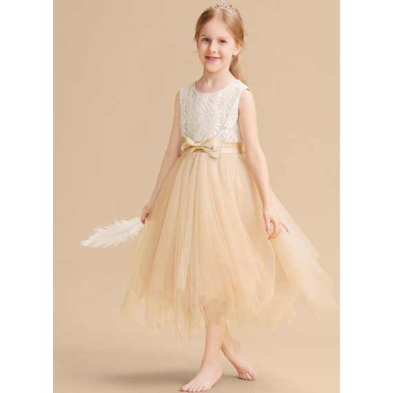 A-line Boat Neck Tea-Length Lace/Tulle Flower Girl Dress