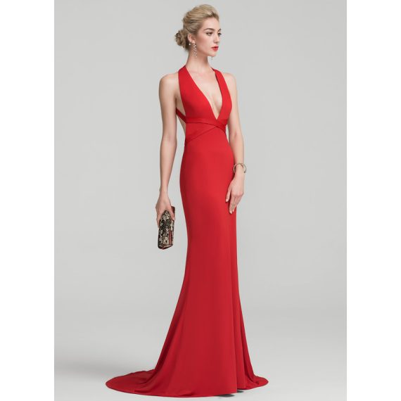 Trumpet/Mermaid V-Neck Sweep Train Jersey Evening Dress