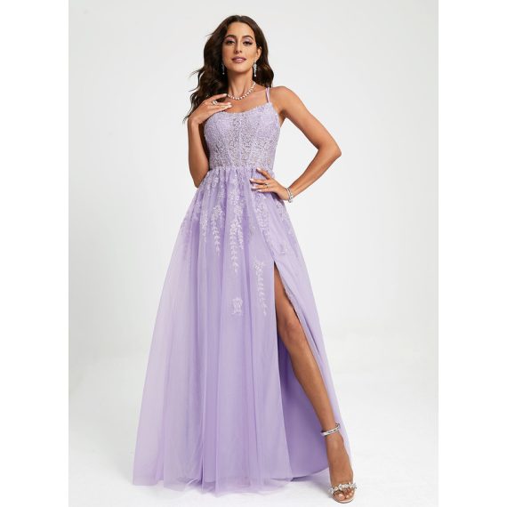 Ball-Gown/Princess Scoop Sweep Train Lace Tulle Prom Dresses With Sequins