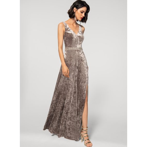 A-Line V-neck Floor-Length Velvet Evening Dress With Beading