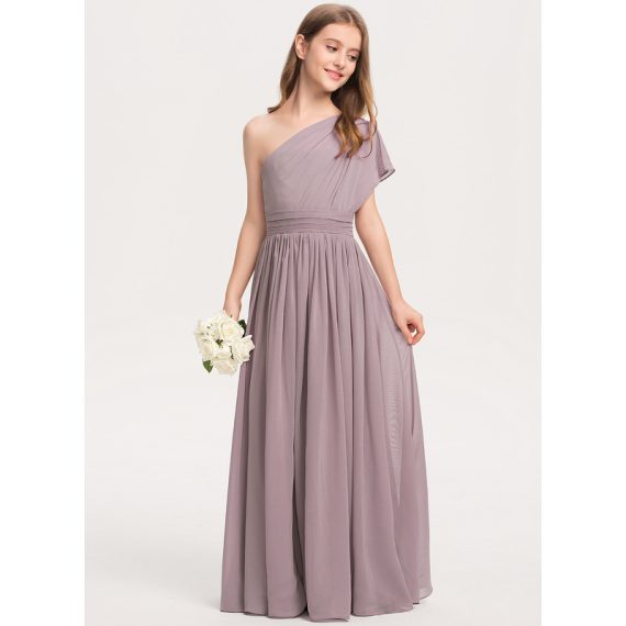 A-Line One-Shoulder Floor-Length Chiffon Junior Bridesmaid Dress