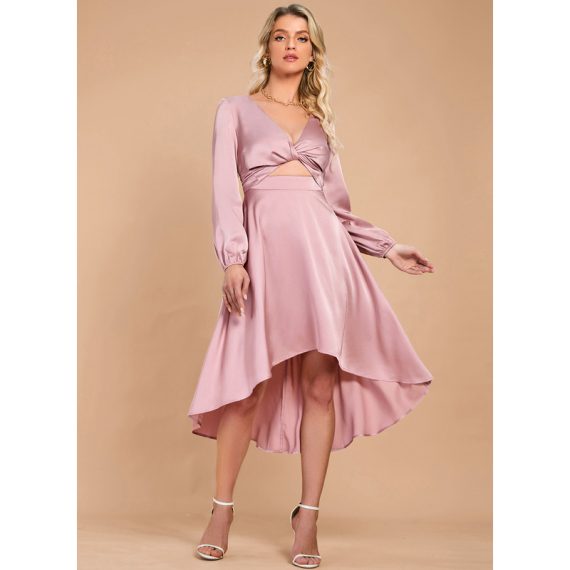 V-Neck Long Sleeves Elegant A-line Satin Midi Dresses