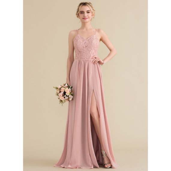 A-Line Sweetheart Floor-Length Chiffon Lace Prom Dresses