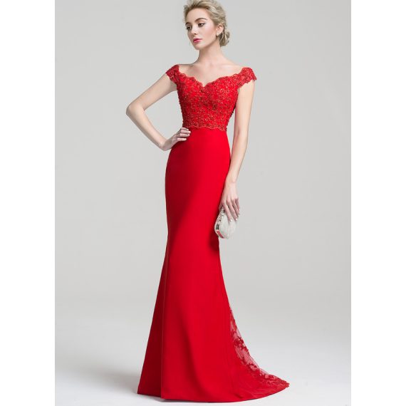Trumpet/Mermaid Off-the-Shoulder Sweep Train Chiffon Lace Evening Dress With Beading Sequins