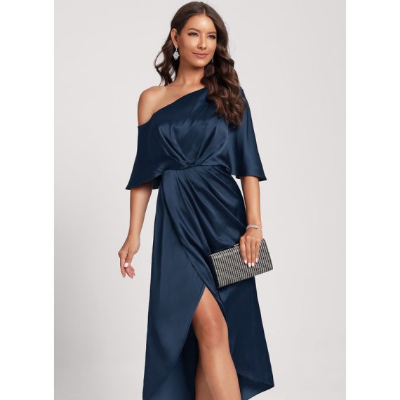 Sheath/Column One-Shoulder Tea-Length Stretch Satin Cocktail Dress