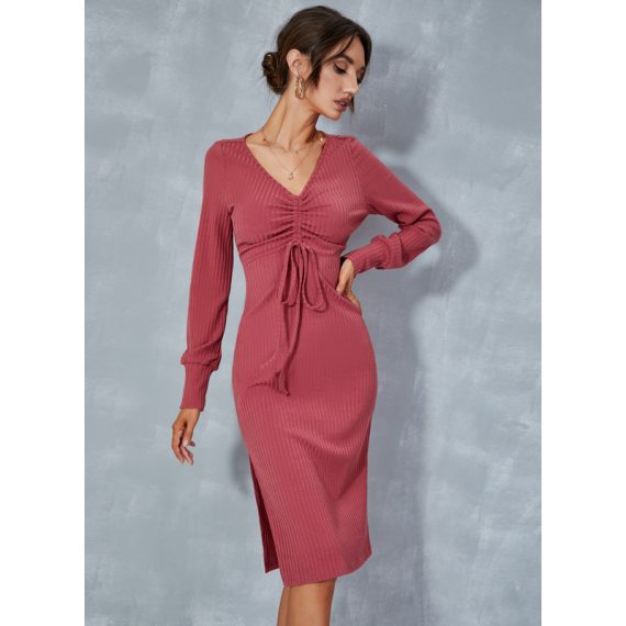 V-Neck Long Sleeves Casual Bodycon Cotton Blends Midi Dresses