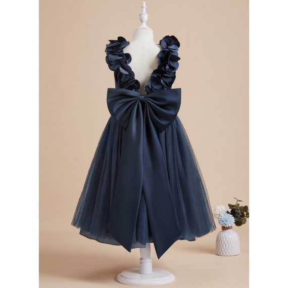 A-line V-Neck Tea-Length Satin/Tulle Flower Girl Dress