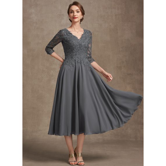 A-Line V-neck Tea-Length Chiffon Lace Mother of the Bride Dress With Beading Sequins