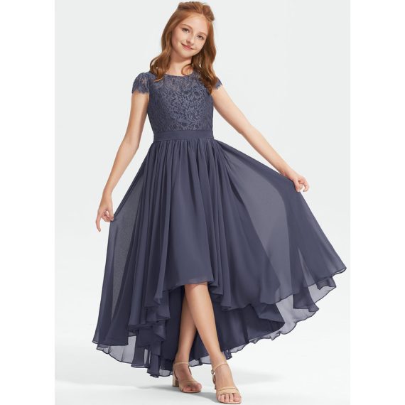 A-Line Scoop Asymmetrical Chiffon Lace Junior Bridesmaid Dress