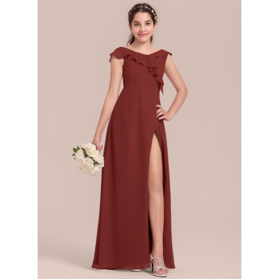 A-Line V-neck Floor-Length Chiffon Junior Bridesmaid Dress With Cascading Ruffles