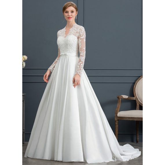 Ball-Gown/Princess V-neck Court Train Satin Lace Wedding Dress With Bow(s)