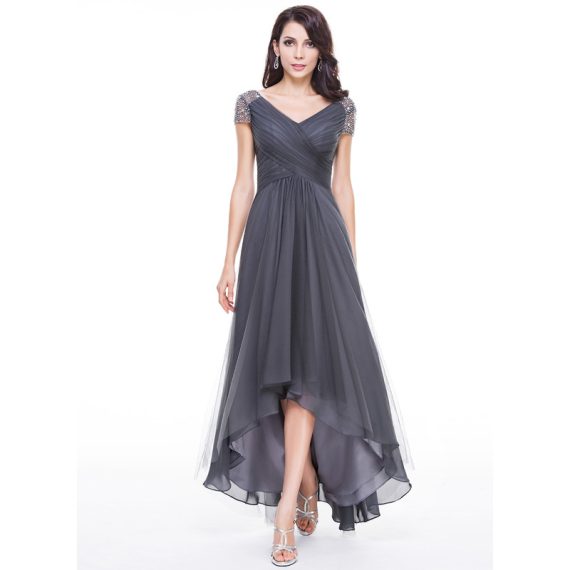 A-Line V-neck Asymmetrical Tulle Mother of the Bride Dress With Beading Sequins Pleated