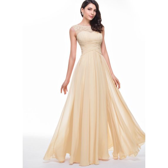 A-Line Scoop Floor-Length Chiffon Tulle Prom Dresses With Ruffle Beading Flower(s)