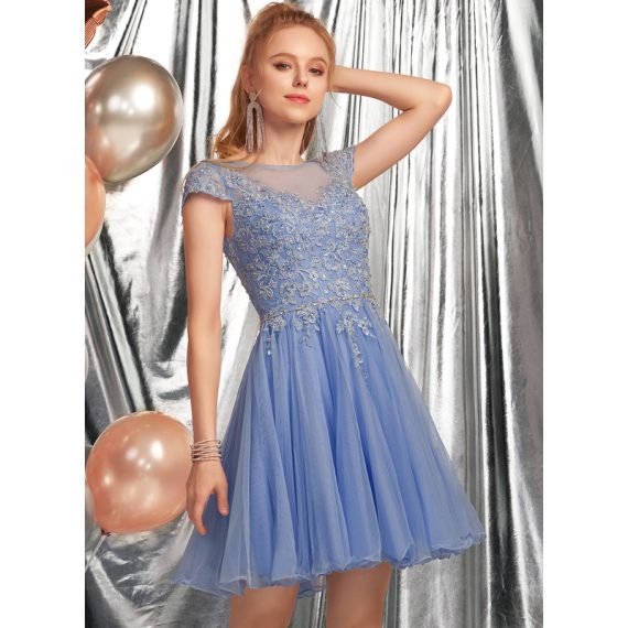 A-Line Scoop Short/Mini Tulle Homecoming Dress With Beading Appliques Lace