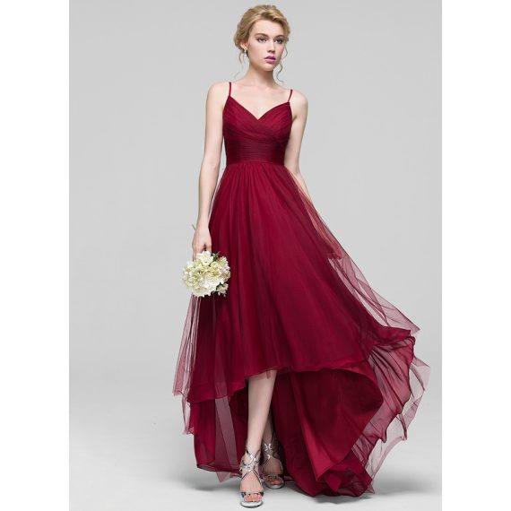 A-Line V-neck Asymmetrical Tulle Bridesmaid Dress With Ruffle