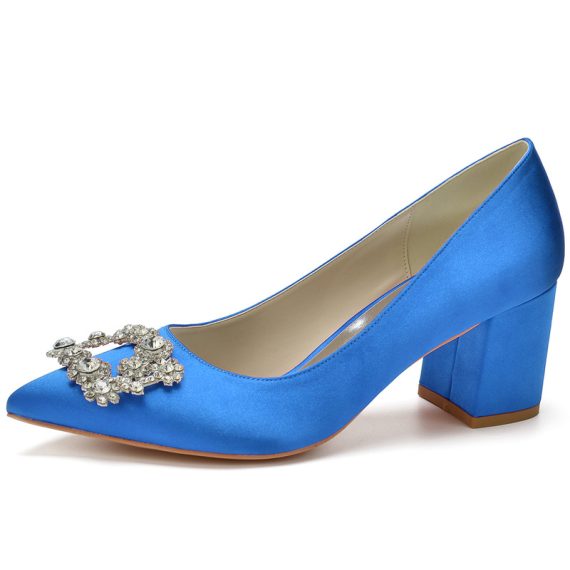 Women's Satin High Heel Block Heel Closed Toe With Rhinestone