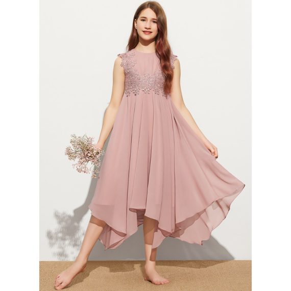 A-Line Scoop Tea-Length Chiffon Lace Junior Bridesmaid Dress