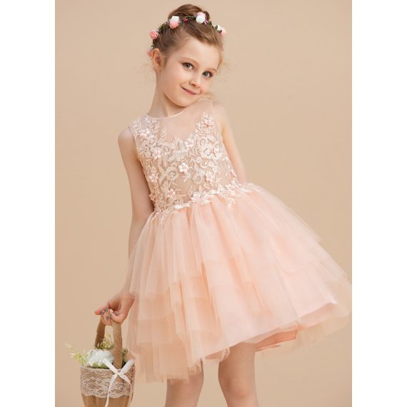 Ball-Gown/Princess Scoop Knee-Length Lace/Tulle Flower Girl Dress