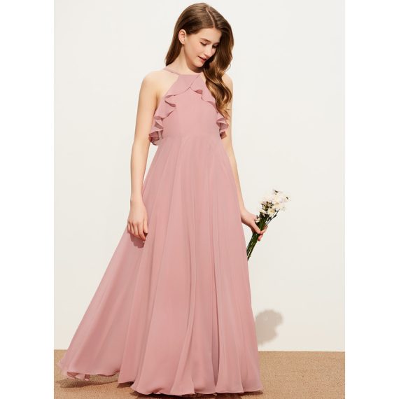 A-Line Halter Floor-Length Chiffon Junior Bridesmaid Dress With Cascading Ruffles